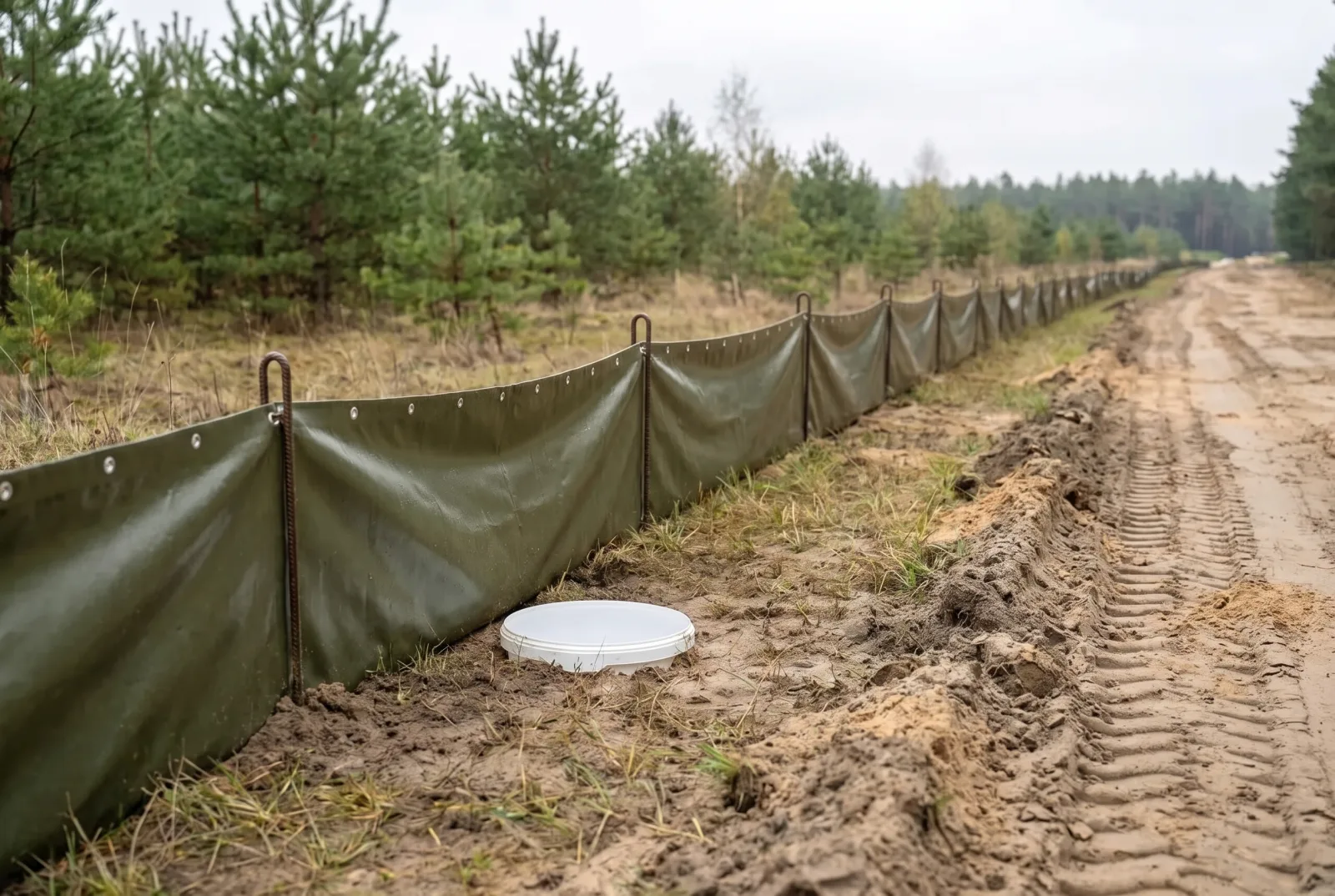 Amphibienschutzzaun im Detail: eingegrabener Zaunfuß, gespannte Bahn und bündig eingebauter Fangeimer an der Baustellengrenze