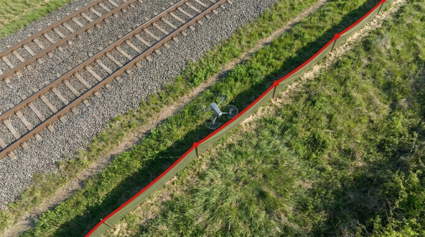 Drohnenaufmaß der Zaunlinie eines Amphibienschutzzauns mit GPS-Track und Längenangabe