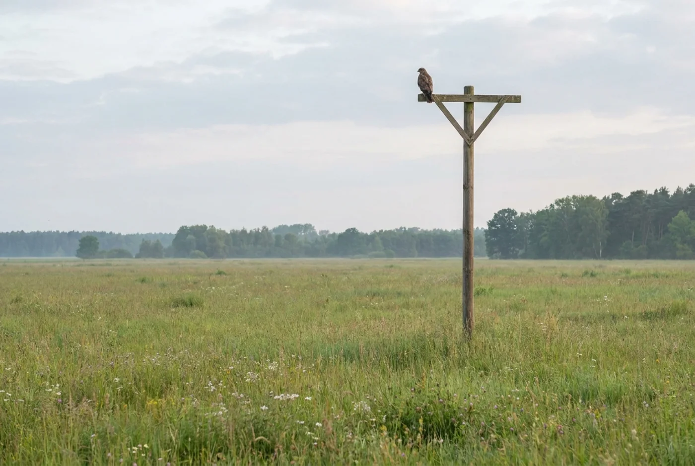 Greifvogel-Ansitzstange auf einer Offenlandfläche, ein Bussard sitzt auf dem Querholz