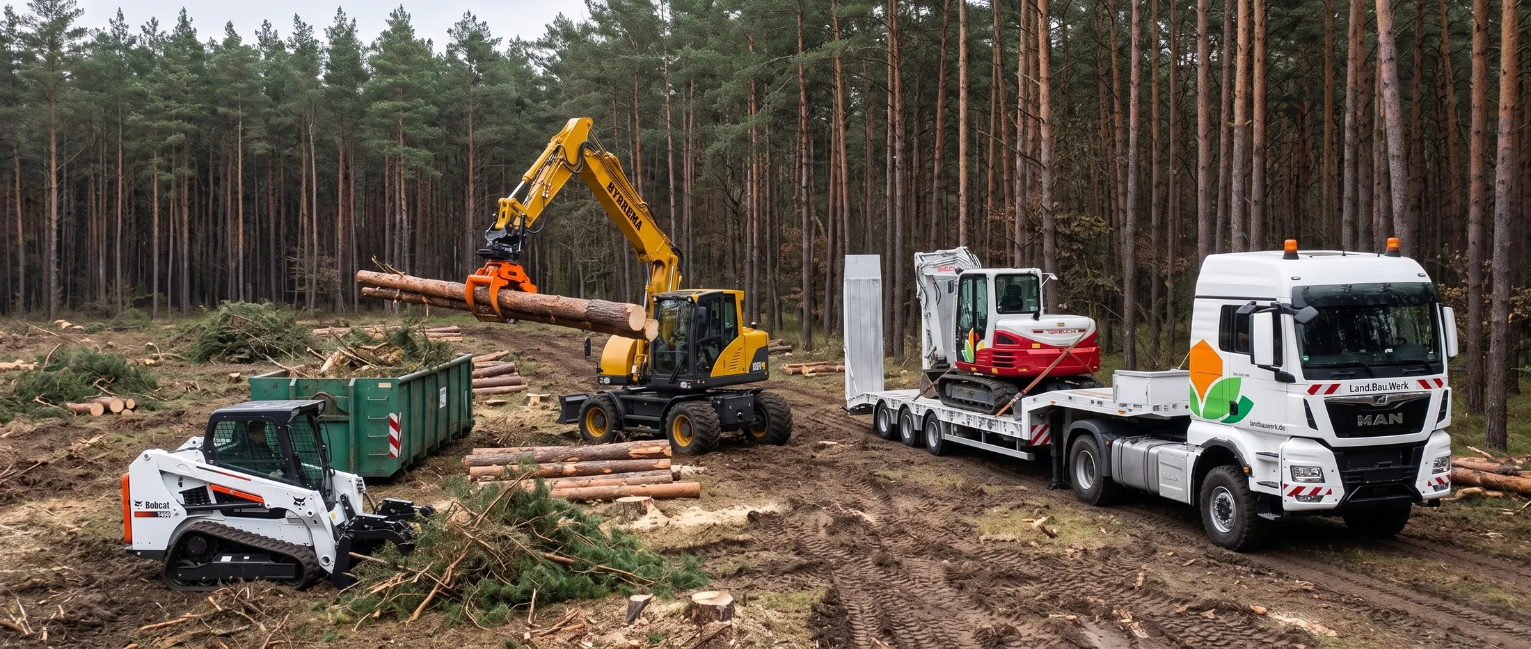 Eigene Maschinenkette im Wald: Bobcat, Hydrema mit Greifer, Takeuchi auf Tieflader und MAN-Zugmaschine