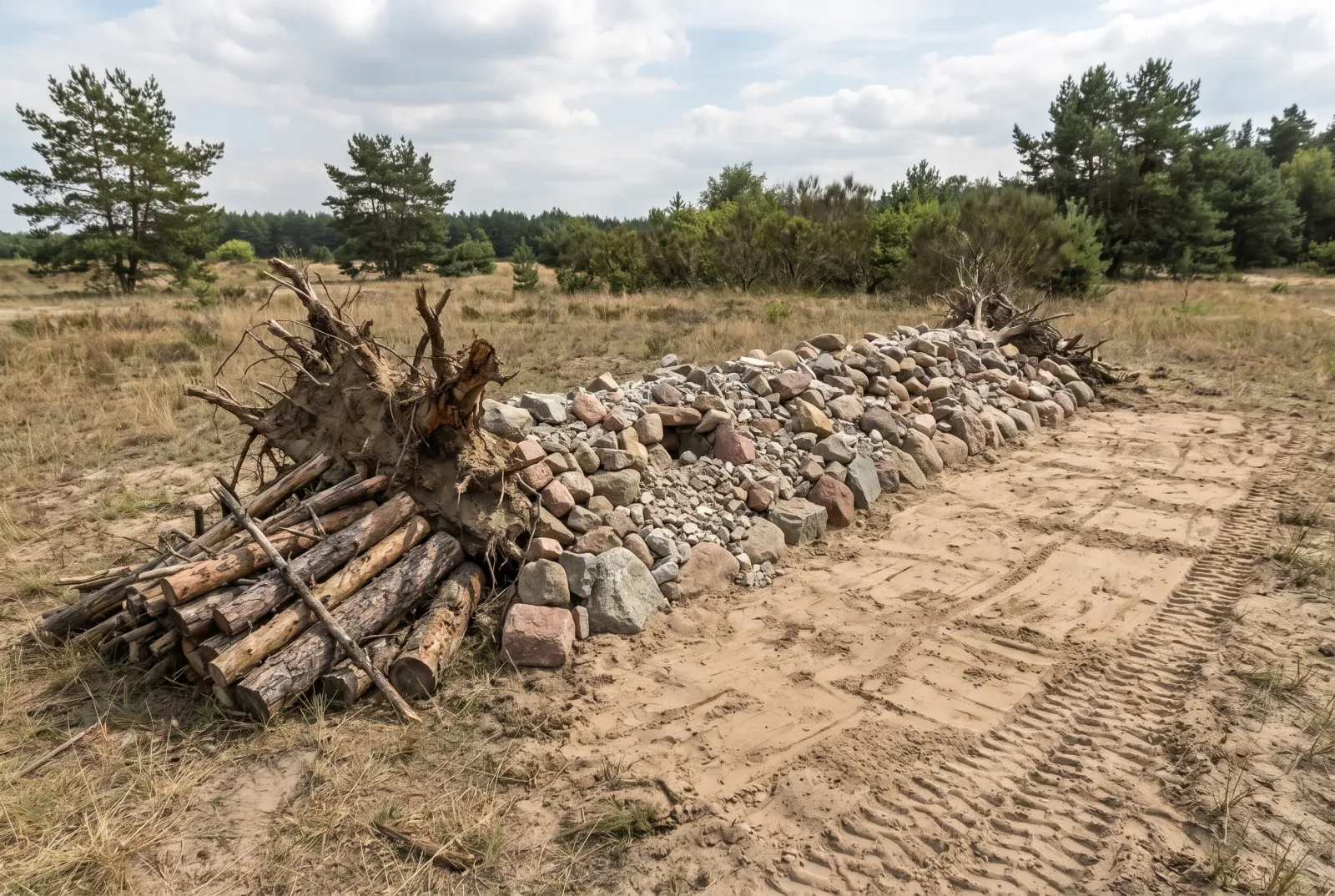 Steinriegel mit Totholz und Sandfläche als angelegtes Ersatzhabitat
