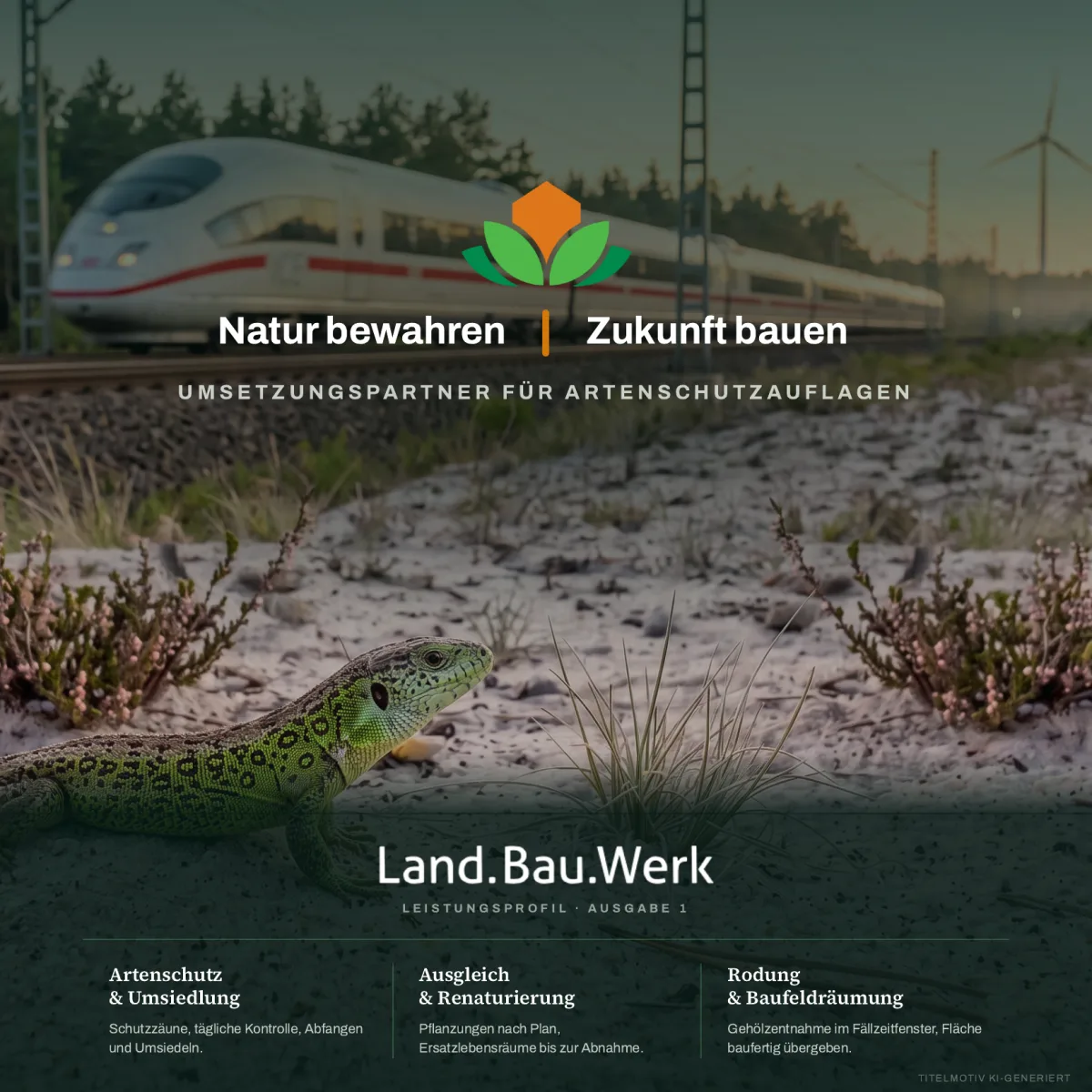 Titelseite des Leistungsprofils: Zauneidechse im Sand vor einer ICE-Strecke, darunter die drei Leistungsbereiche