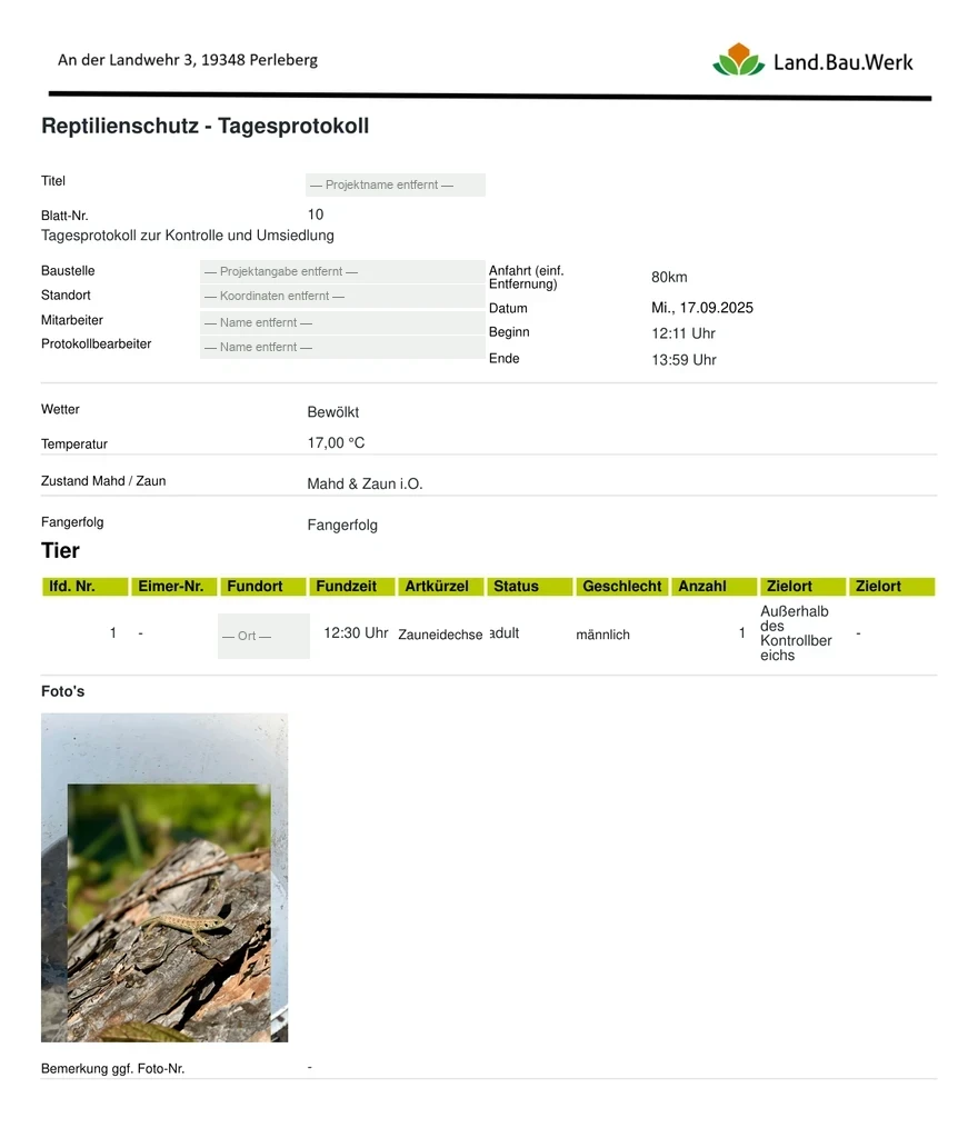 Tagesprotokoll einer Artenschutzmaßnahme — personenbezogene Angaben entfernt
