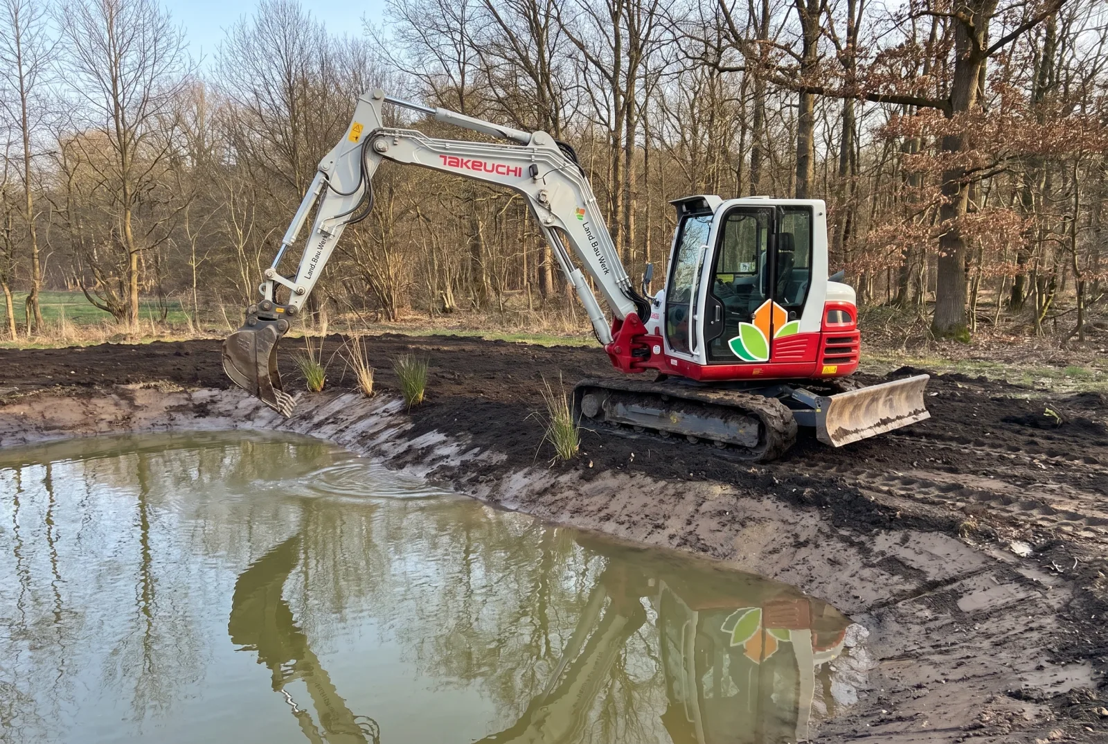 Takeuchi TB290 modelliert die Flachwasserzone eines neu angelegten Kleingewässers in Brandenburg